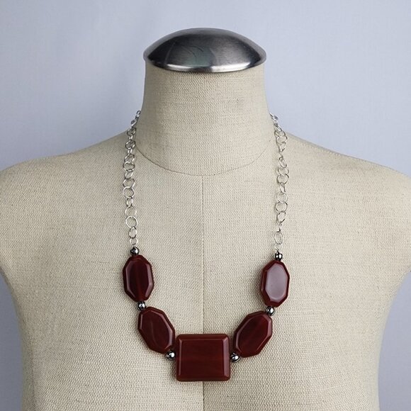 925 Sterling Silver Red Brown Natural Stone Chain Necklace - Picture 1 of 7